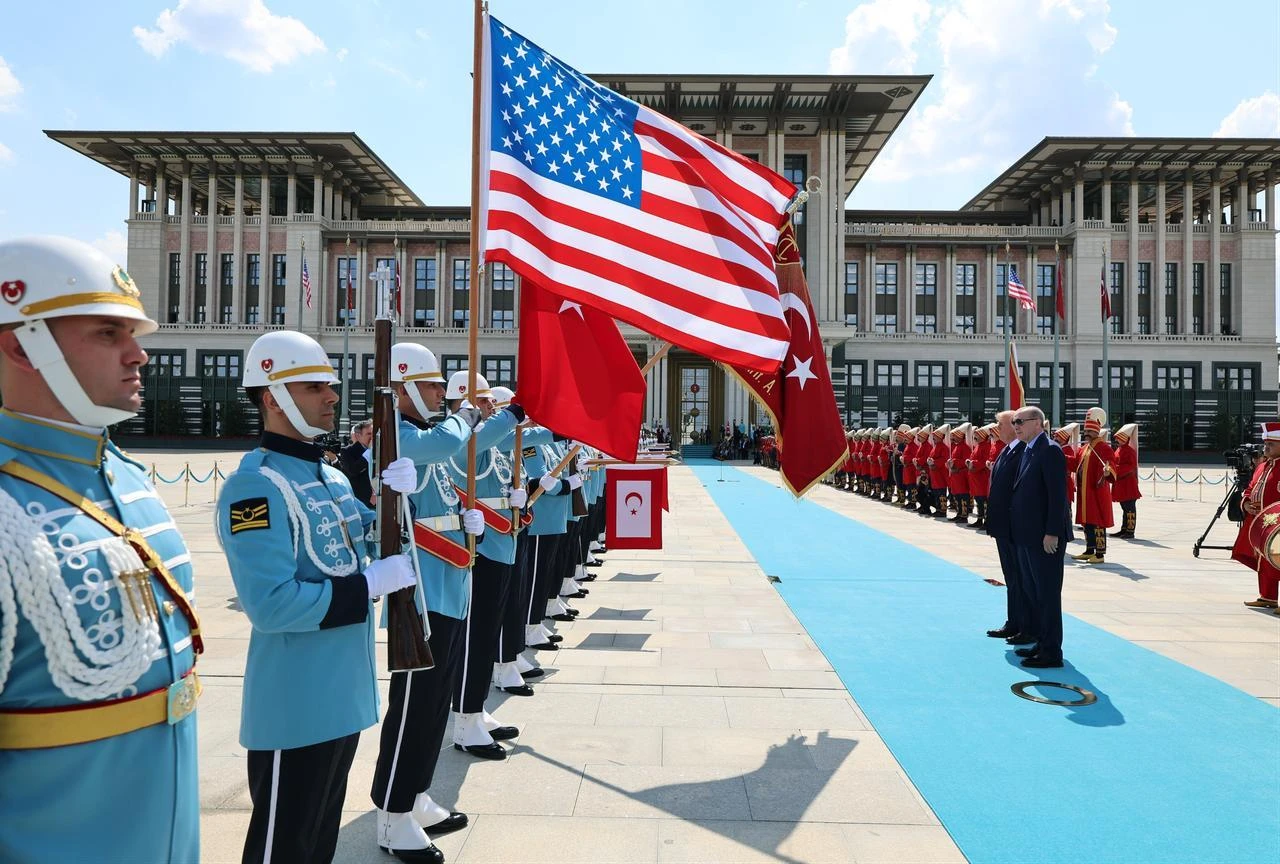 President Recep Tayyip Erdogan welcomes US President Donald Trump, who is visiting Türkiye for the 36th NATO Summit, in Ankara, Türkiye, July 7, 2026. (Turkish Presidency/Murat Cetinmuhurdar/HO)