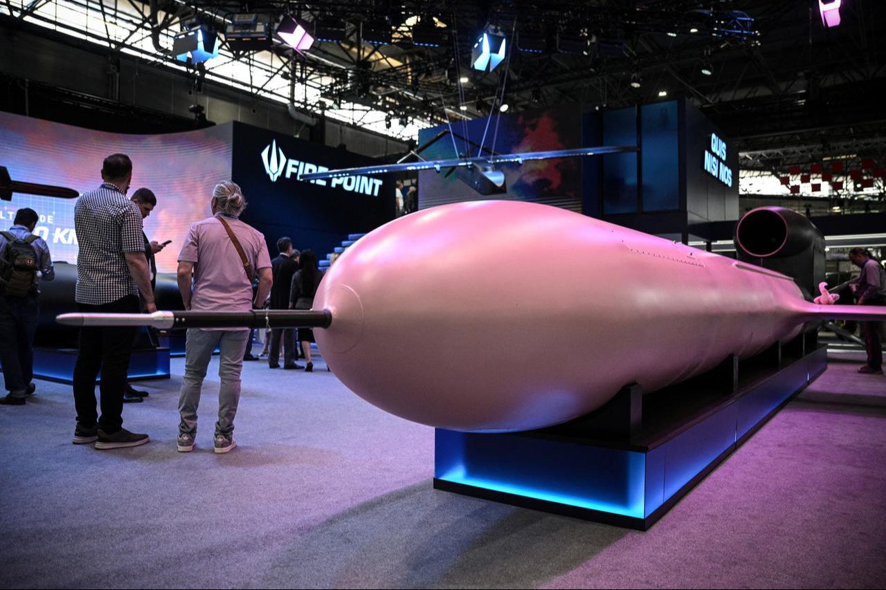 This photograph shows an FP-5 Flamingo cruise missile and a drone FP-1 from Ukrainian defense technology company Fire Point on display at Eurosatory in Villepinte, Paris, June 16, 2026. (AFP Photo)