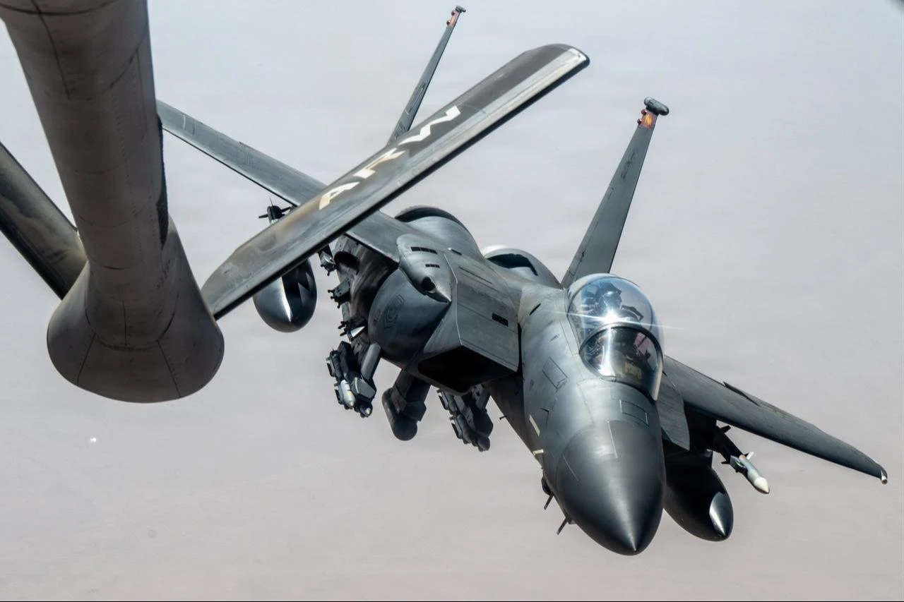 A U.S. Air Force F-15E Strike Eagle aircraft flies in the U.S. Central Command area of responsibility July 18, 2026. (Photo via U.S. Air Force)