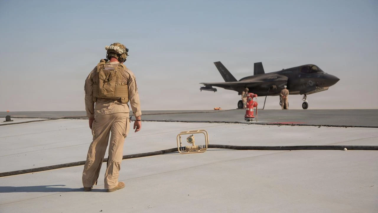 A U.S. Marine monitors a fuel meter for an F-35B Lightning II aircraft during a forward arming and refueling, July 23, 2026, in the U.S. Central Command area of responsibility. (Photo via U.S. Marine Corps)