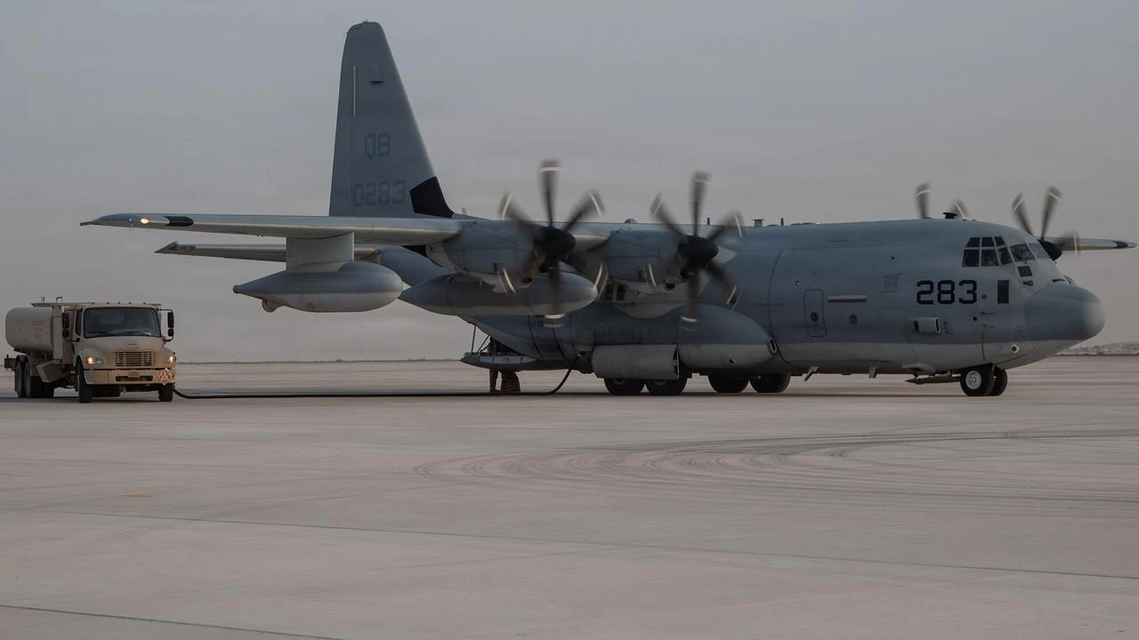 A KC-130J Super Hercules refuels in the U.S. Central Command area of responsibility, July 20, 2026. (Photo via U.S. Marine Corps)