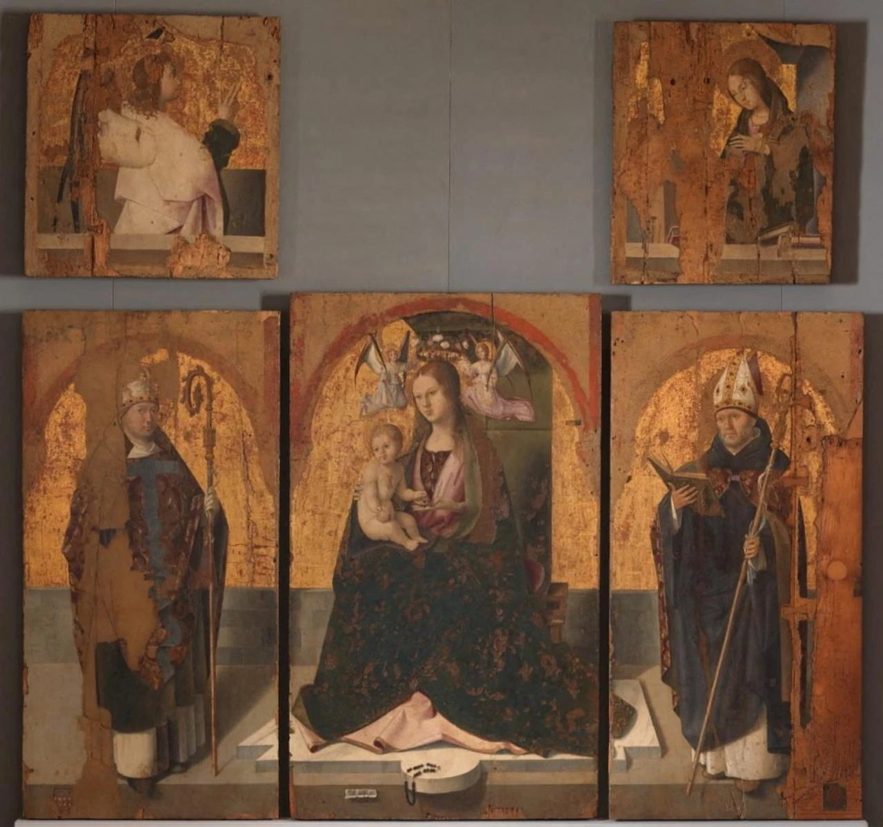 The five surviving panels of Antonello da Messina's Polittico di San Gregorio, three of which were stolen from the Regional Museum of Messina on Saturday. (Photo via Museo Regionale Accascina Messina)