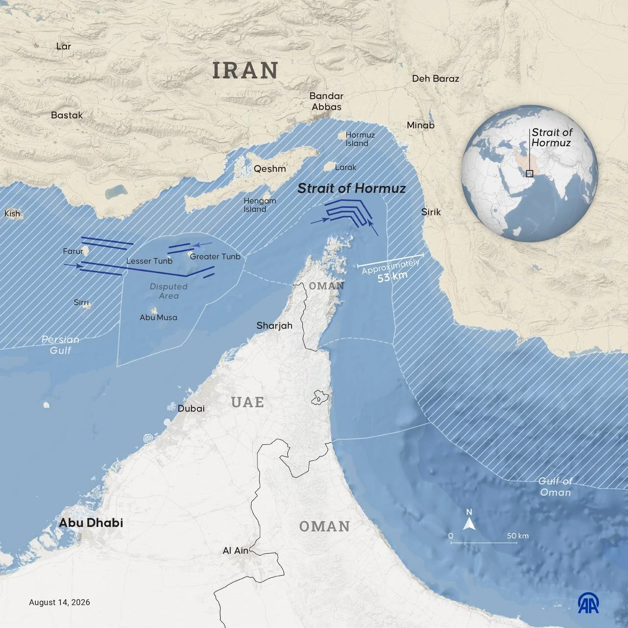 An infographic titled 'Strait of Hormuz' was created in Ankara, Türkiye, on August 14, 2026. (AA Infographic)
