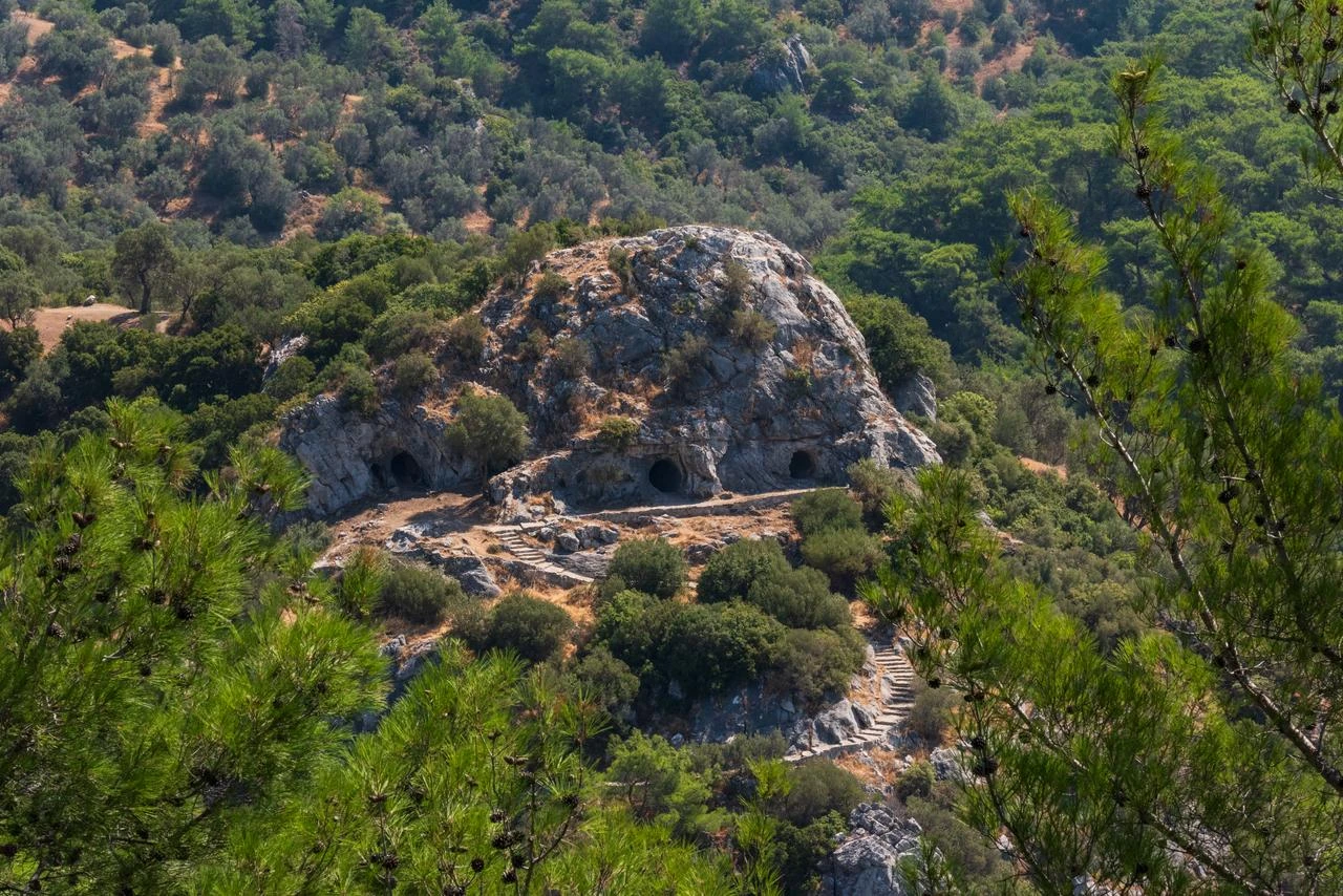 This photograph shows the caves in Bornova Homeros Valley, believed to be where famous Greek Poet Homer lived and wrote the Iliad and the Odyssey, in Izmir on August 7, 2026. (AFP Photo)