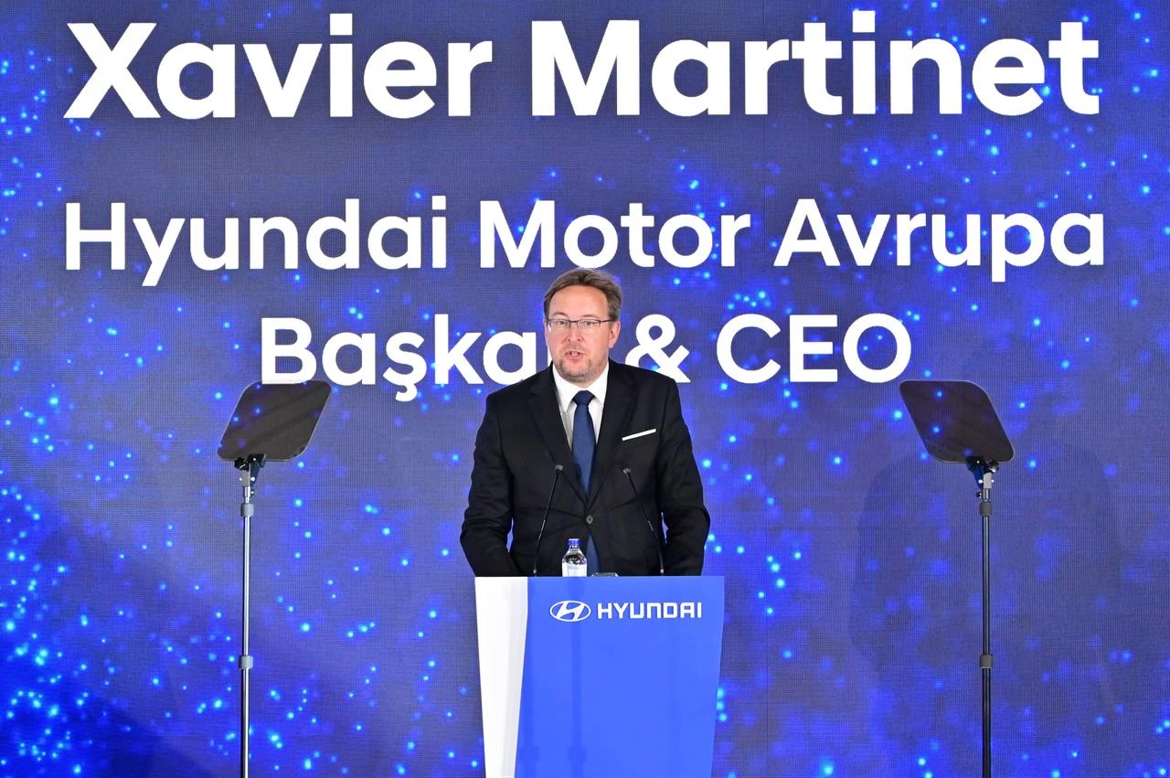 Hyundai Motor Europe President and CEO Xavier Martinet speaks during a ceremony marking the start of mass production of the IONIQ 3 at Hyundai Motor Türkiye’s plant in Izmit, Kocaeli, Aug. 14, 2026. (AA Photo)