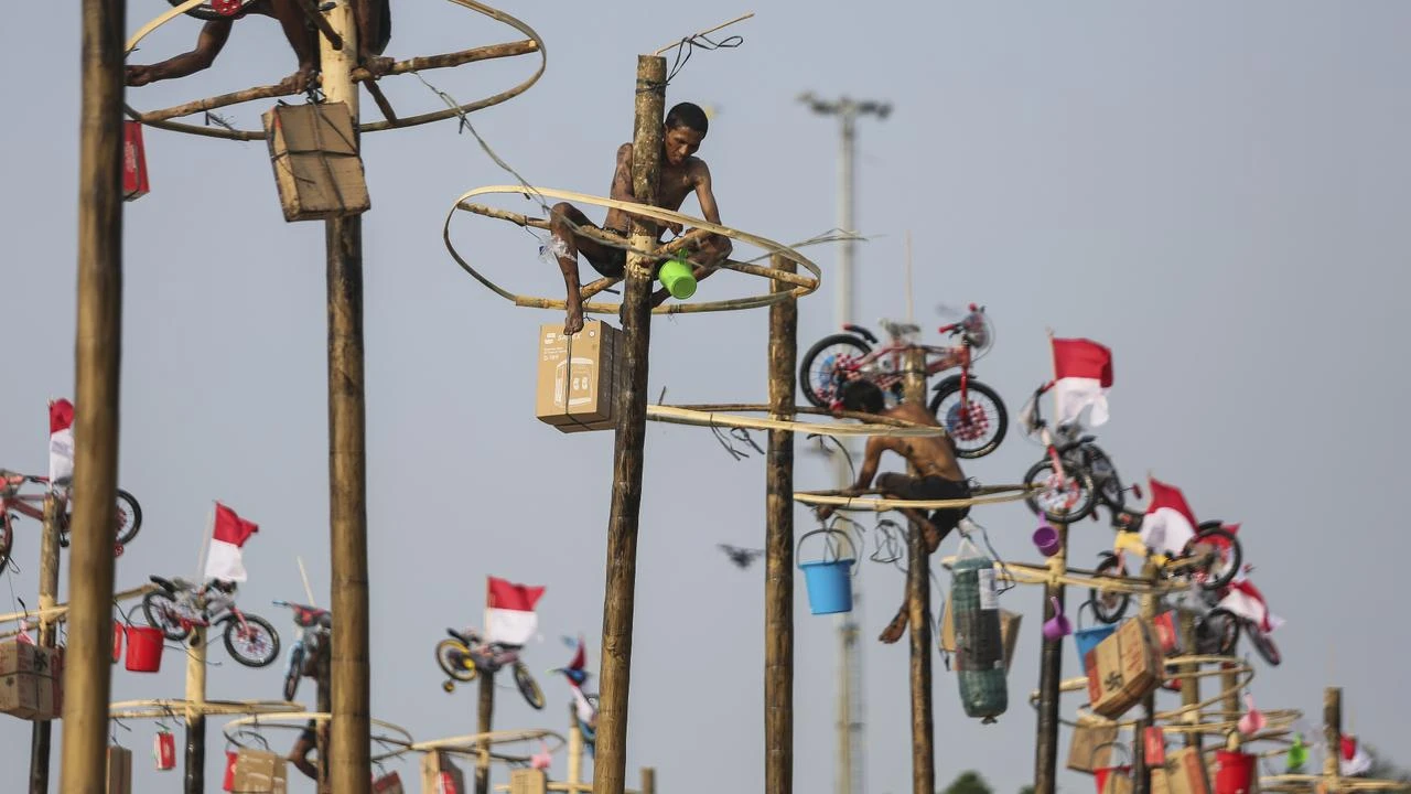 Indonesia's greasy pole tradition draws crowds on Independence Day