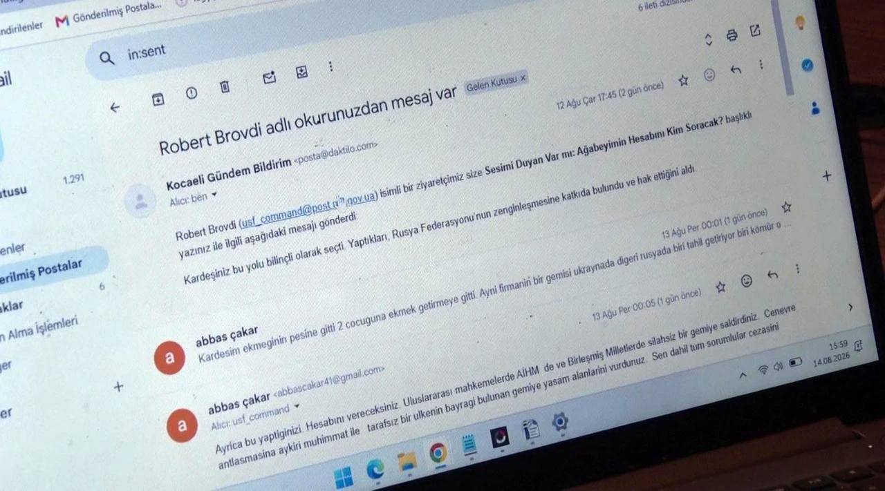 A computer screen displays emails sent by Ukraine's Unmanned Systems Forces commander, Robert "Magyar" Brovdi, on Aug. 12, 2026. (IHA Photo)