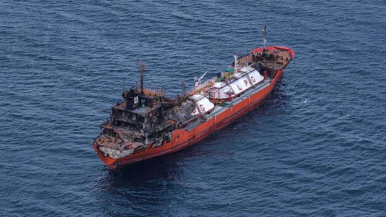Following the escalation of drone attacks targeting commercial vessels in the Black Sea, another civilian merchant ship that was hit has anchored off the coast of Trabzon, Türkiye, July 27, 2026. (IHA Photo)