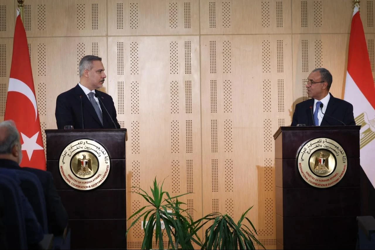Minister of Foreign Affairs Hakan Fidan (L) holds a joint press conference with Egyptian Minister of Foreign Affairs, Emigration and Egyptian Expatriates Badr Abdelatty (R) following high-level discussions in El Alamein, Egypt, on Aug. 13, 2026. ( Turkish Foreign Ministry - Anadolu Agency )