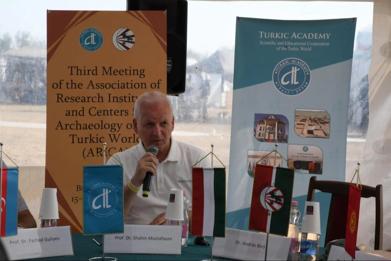 Professor Sahin Mustafayev speaks during the third meeting of the Association of Research Institutes and Centers of the Turkic World (ARICA) in Bugac, Hungary. (AA Photo)