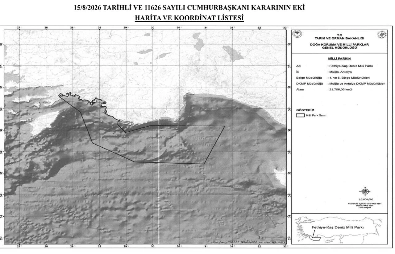 The map shows the "Fethiye-Kas Marine National Park." The park spans the provinces of Mugla and Antalya and covers an area of 21,706.03 square kilometers. (Photo via resmigazete.gov.tr)