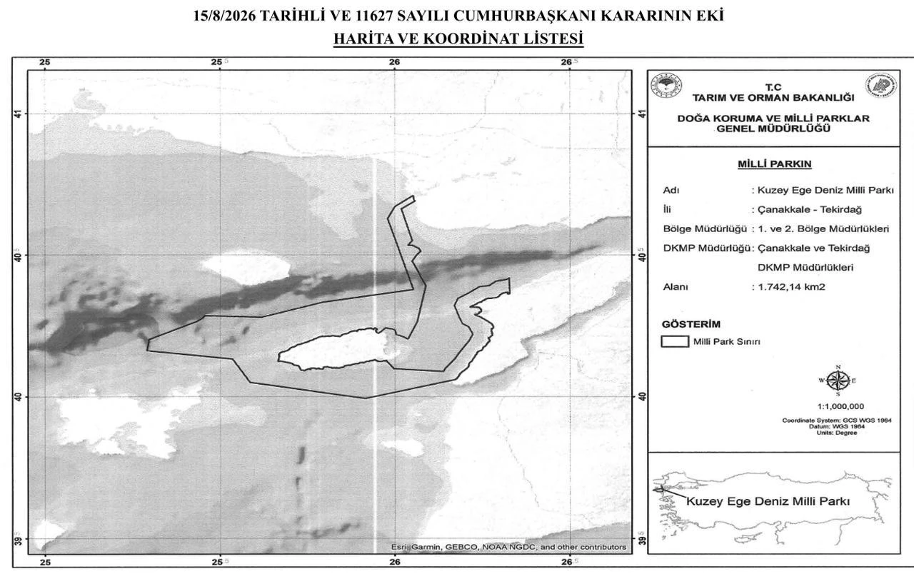 The map shows the "North Aegean Marine National Park," spanning the provinces of Canakkale and Tekirdag and covering 1,742.14 square kilometers. (Photo via resmigazete.gov.tr)