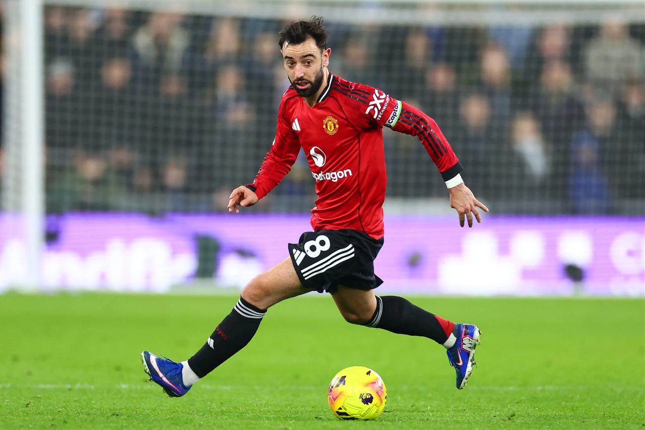 Bruno Fernandes of Manchester United in action during the Premier League match between Everton and Manchester United at Hill Dickinson Stadium on February 23, 2026 in Liverpool, England. (AFP Photo)