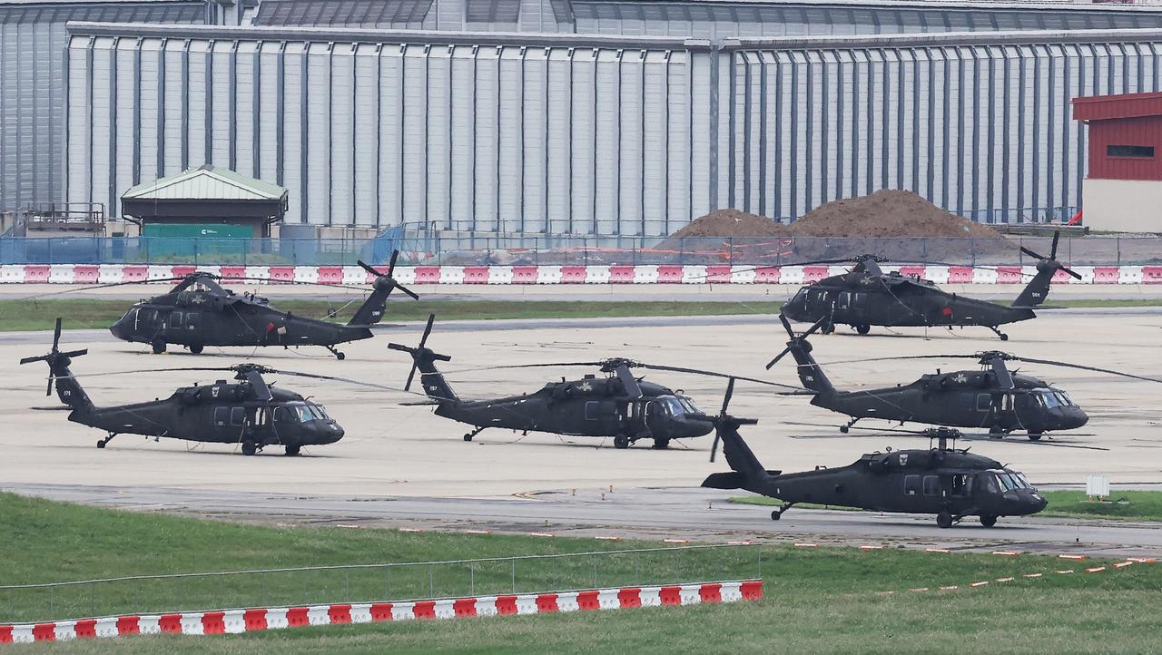 US Army UH-60 Black Hawk helicopters are seen at Camp Humphreys in Pyeongtaek on August 17, 2026. (Photo by YONHAP / AFP)