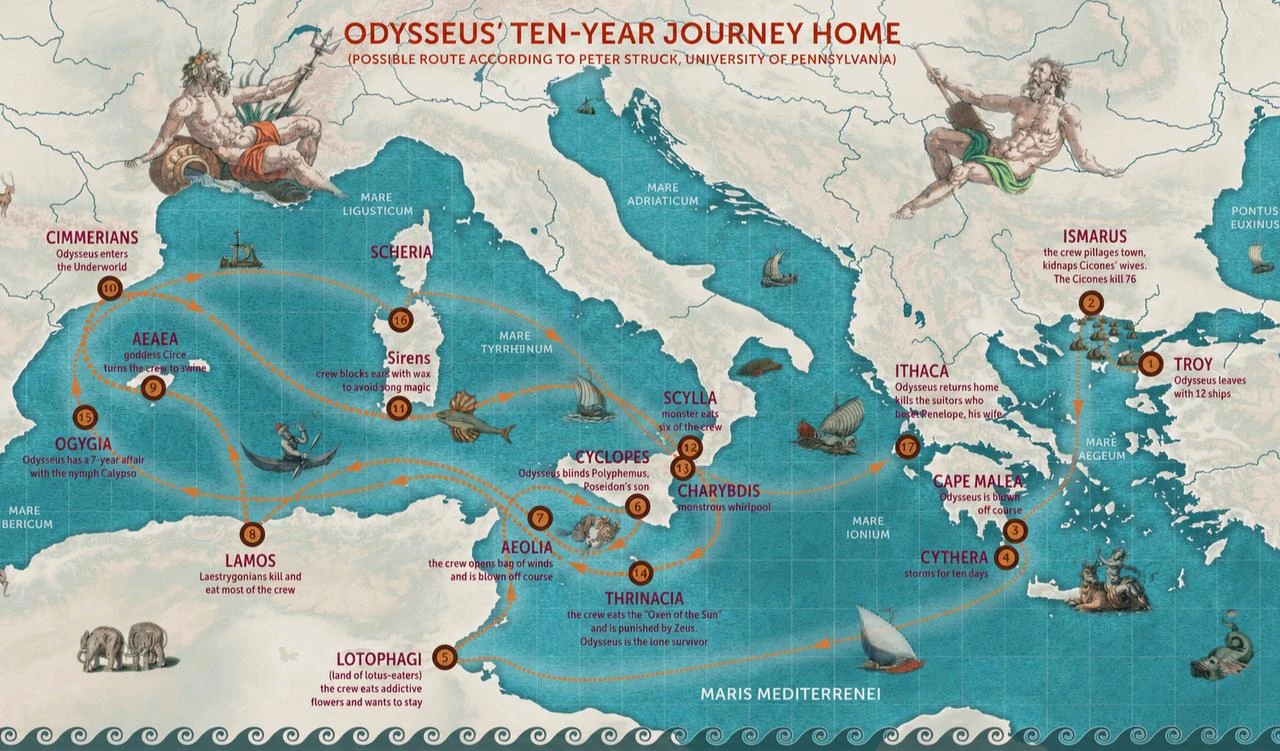 A map illustrating a possible route of Odysseus' 10-year journey home from Troy to Ithaca, with key locations and episodes from Homer's Odyssey. (Map via World History Encyclopedia)