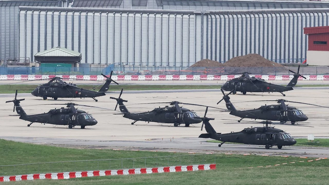 US Army UH-60 Black Hawk helicopters are seen at Camp Humphreys in Pyeongtaek on August 17, 2026. (Photo by YONHAP / AFP)