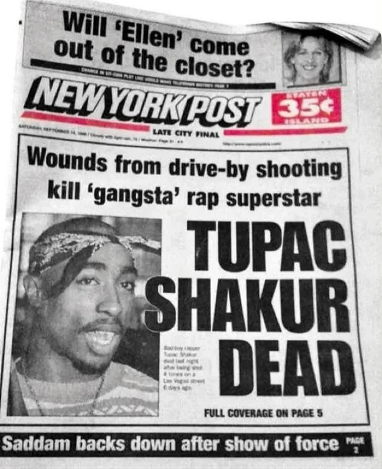 Shakur's murder news on the front page of the New York Post. (Photo via X/@sahelbrut)