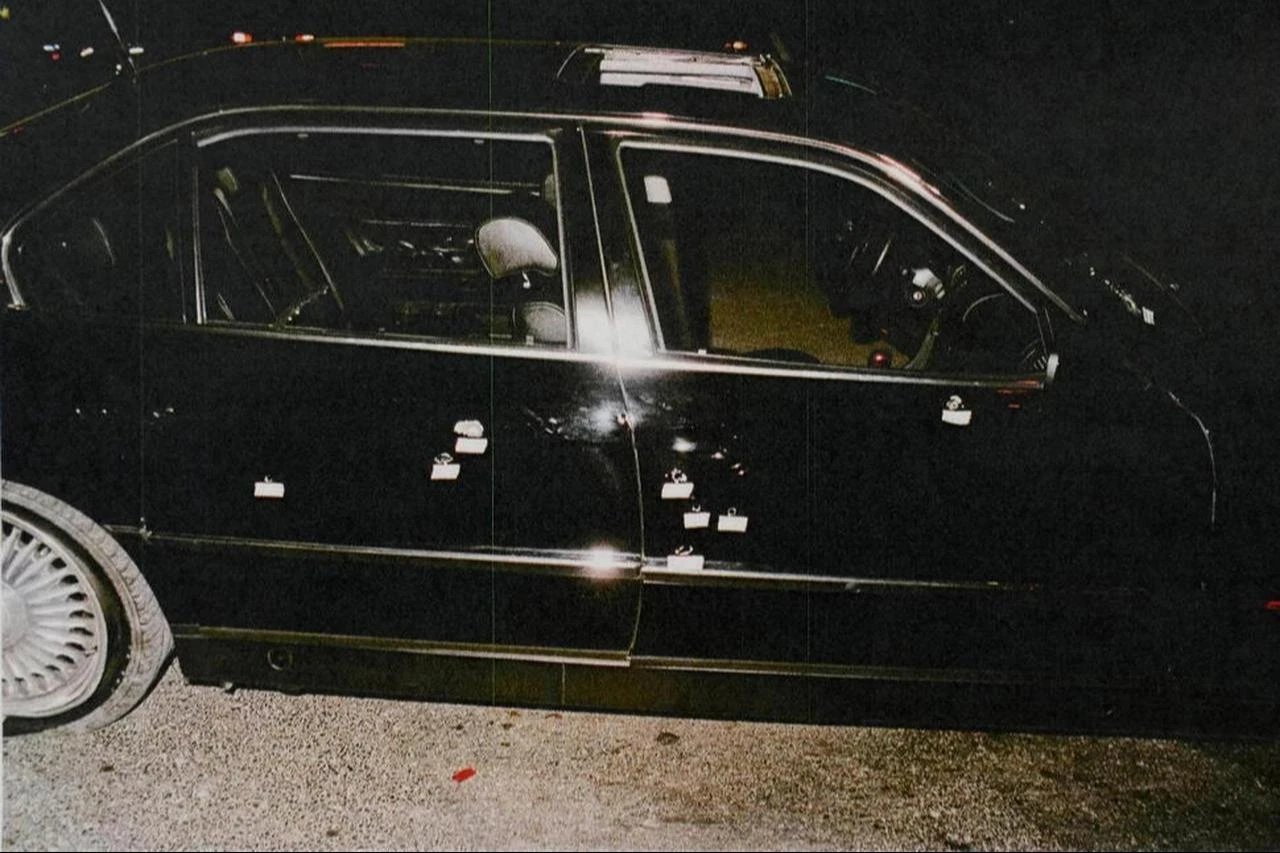 This undated photo provided by the Las Vegas Metropolitan Police Department shows the bullet-riddled car in which rapper Tupac Shakur was fatally shot in September 1996, in Las Vegas. (Photo via X/@ABC)