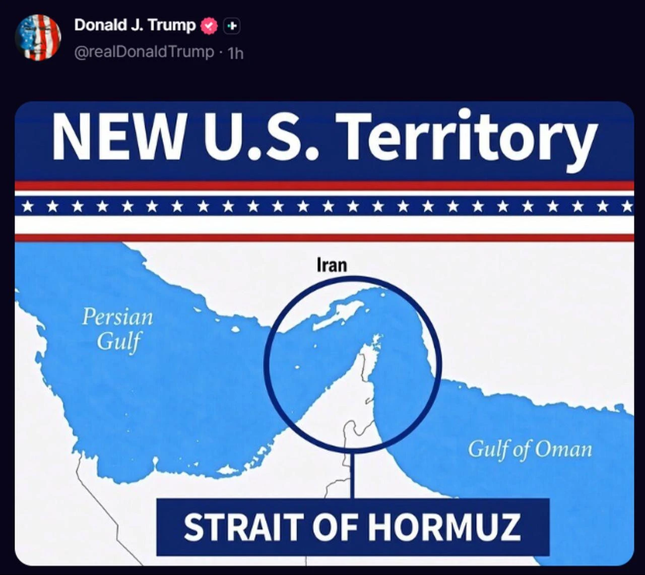 The photo shows Trump's Truth Social post featuring a map of the Strait of Hormuz under the headline "NEW U.S. Territory," posted on Aug. 18, 2026. (Photo via screengrab from Truth Social/@realDonaldTrump)