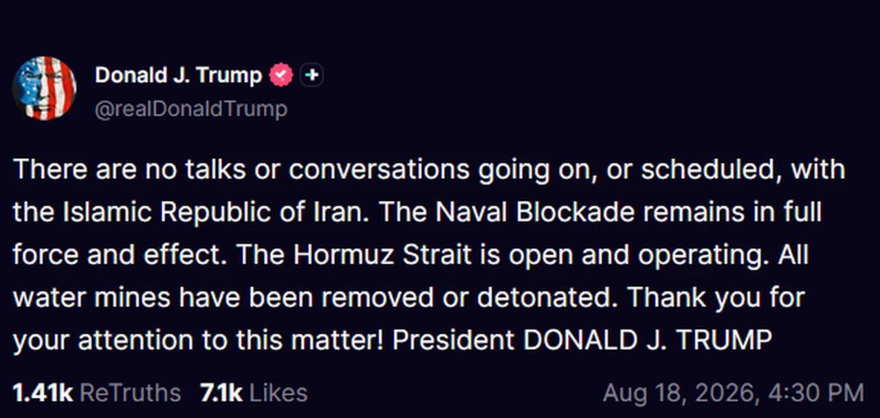 The photo shows U.S. President Donald Trump's Truth Social post from Aug. 18, 2026. (Photo via screengrab from Truth Social/@realDonaldTrump)