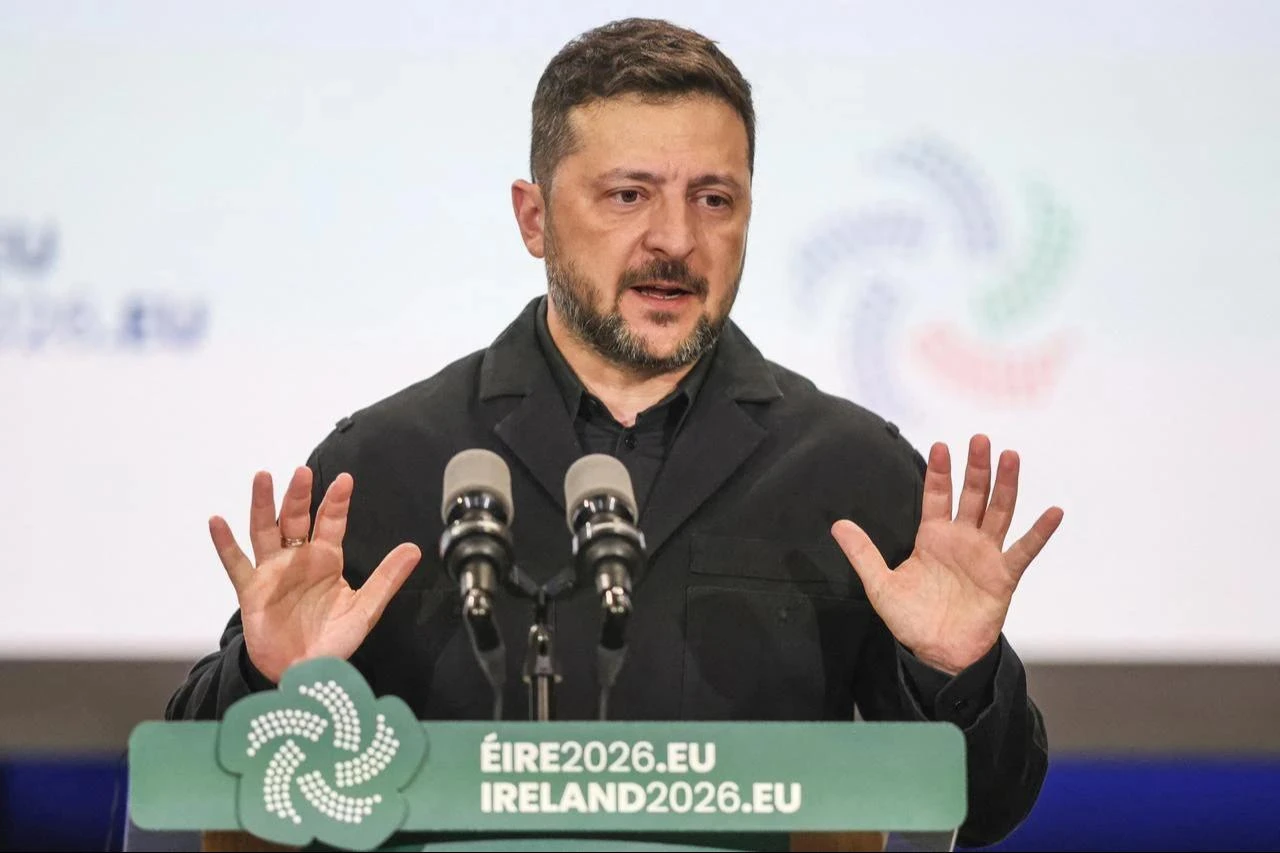 Ukraine's President Volodymyr Zelenskyy speaks at a press conference after meetings with the heads of the EU and Ireland, at Dublin Castle in Dublin, July 1, 2026. (AFP Photo)