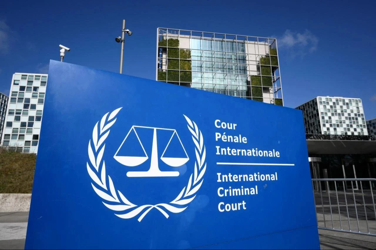This general view shows the exterior and the logo of the International Criminal Court (ICC) in The Hague, March 28, 2026. (AFP Photo)