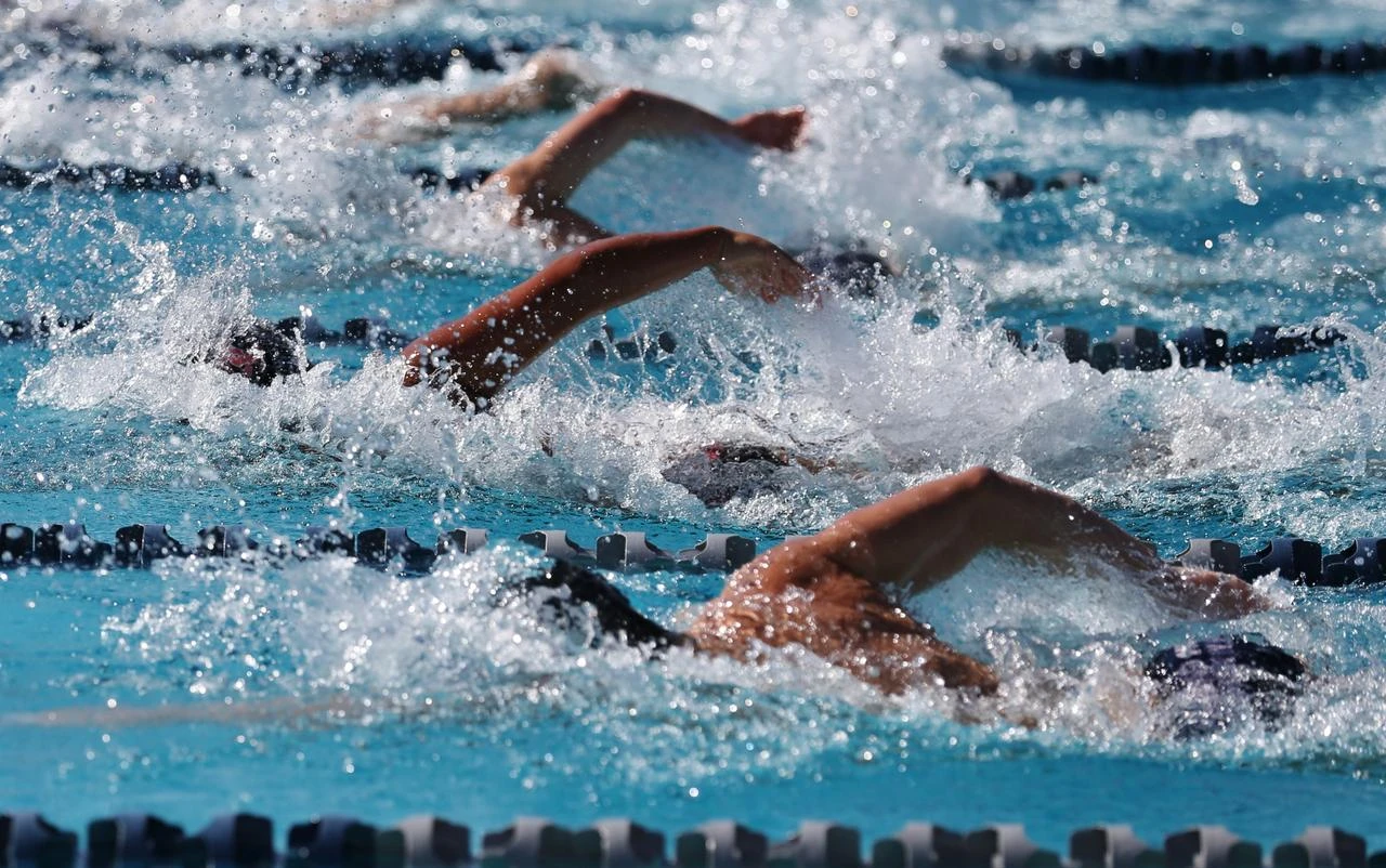 Swimmers compete in a freestyle race at an outdoor swimming pool. (Adobe Stock Photo)