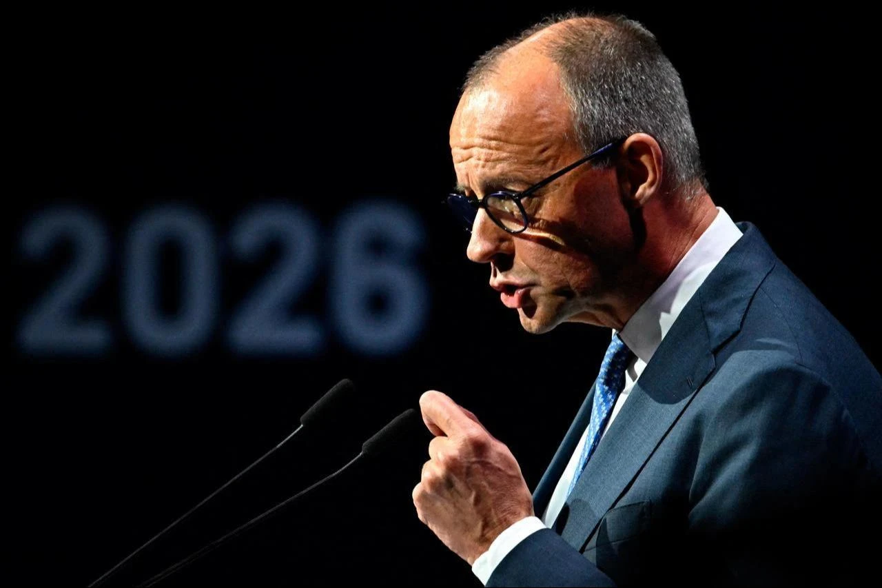 German Chancellor Friedrich Merz addresses guests to open a so-called eSummit organised by the ZVEI Association of the German electro and digital industry, in Berlin, Germany, May 20, 2026. (AFP Photo)