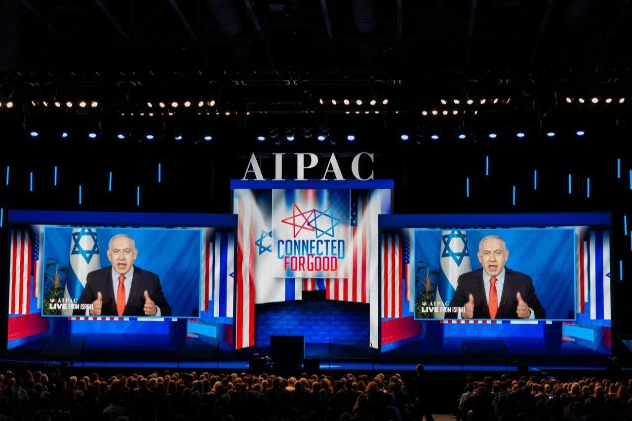 Prime Minister of Israel Benjamin Netanyahu, speaks live via satellite, at the 2019 American Israel Public Affairs Committee (AIPAC) Policy Conference in Washington, D.C., March 26, 2019. (AFP Photo)