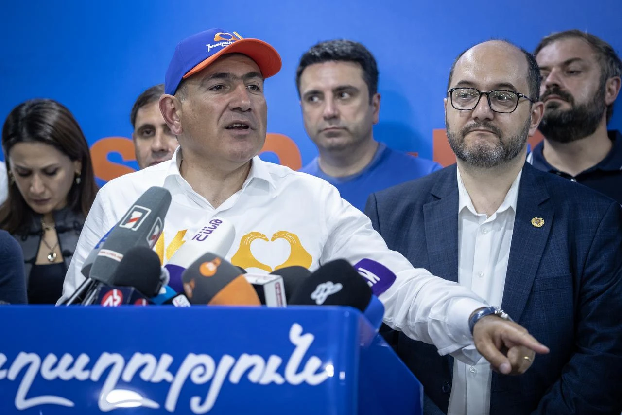 ​​​​​Armenian Prime Minister Nikol Pashinyan, declared victory in the parliamentary elections early Monday morning, speaks to press as vote counting continued across the country in Yerevan, Armenia on June 8, 2026. (AA Photo)