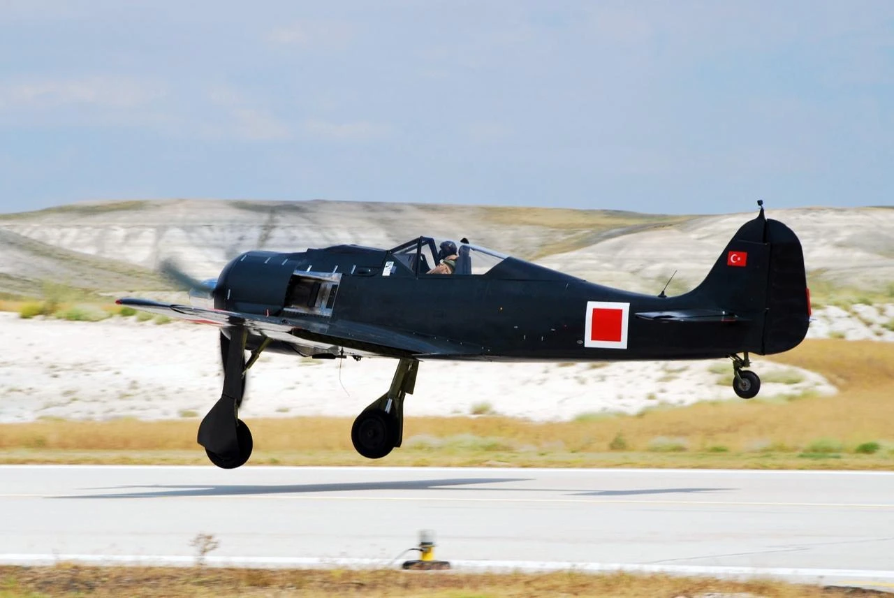 A German-made Focke-Wulf 190 fighter jet, used in Turkish skies in the 1940s, during a test flight in the Sivrihisar district of Eskisehir, Türkiye, after extensive restoration. (AA Photo)