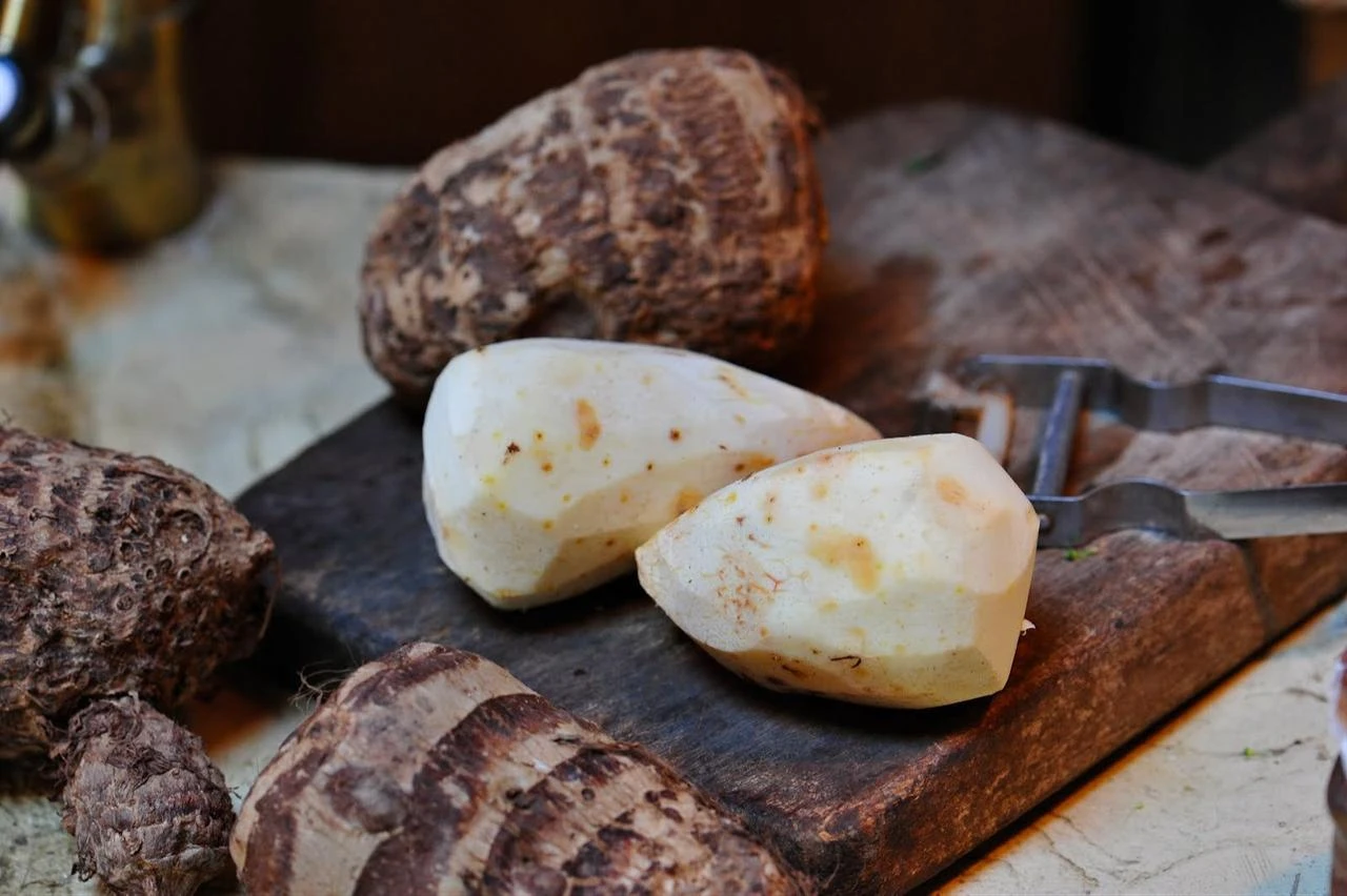 Fresh kolokasi roots are shown both peeled and unpeeled, revealing the pale, starchy flesh beneath their rough brown skin. (Photo via Merlin and Rebecca’s Blogspot)