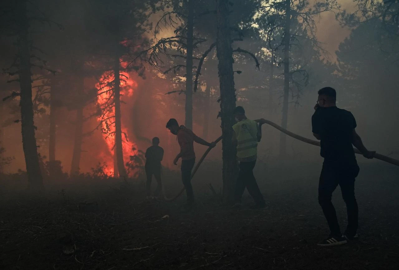 Firefighters extinguish fire at a forested area as aerial and ground crews continue battling a wildfire in the Cine district of Aydin, Türkiye on July 31, 2026. (AA Photo)