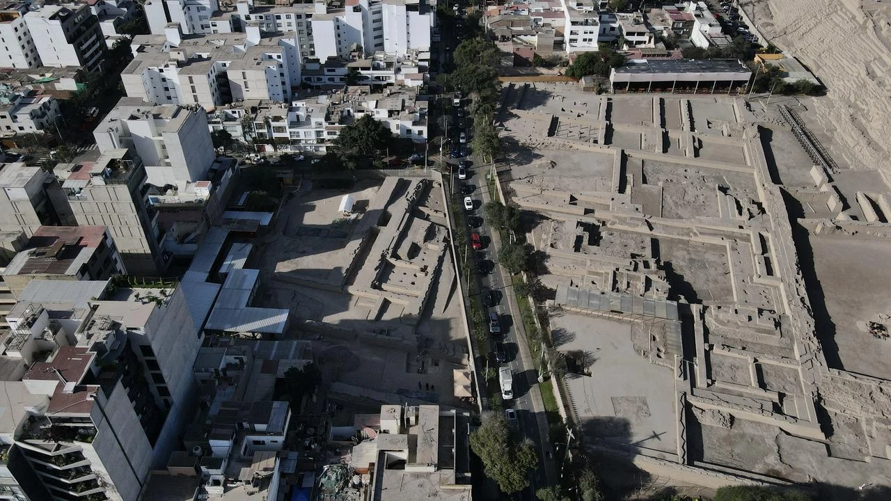 An aerial view of the area as archaeologists work on the excavation of recently discovered skeletal remains at the Huaca Pucllana archaeological site, one of Lima’s main pre-Hispanic landmarks, on August 19, 2026, in Lima, Peru. (AA Photo)