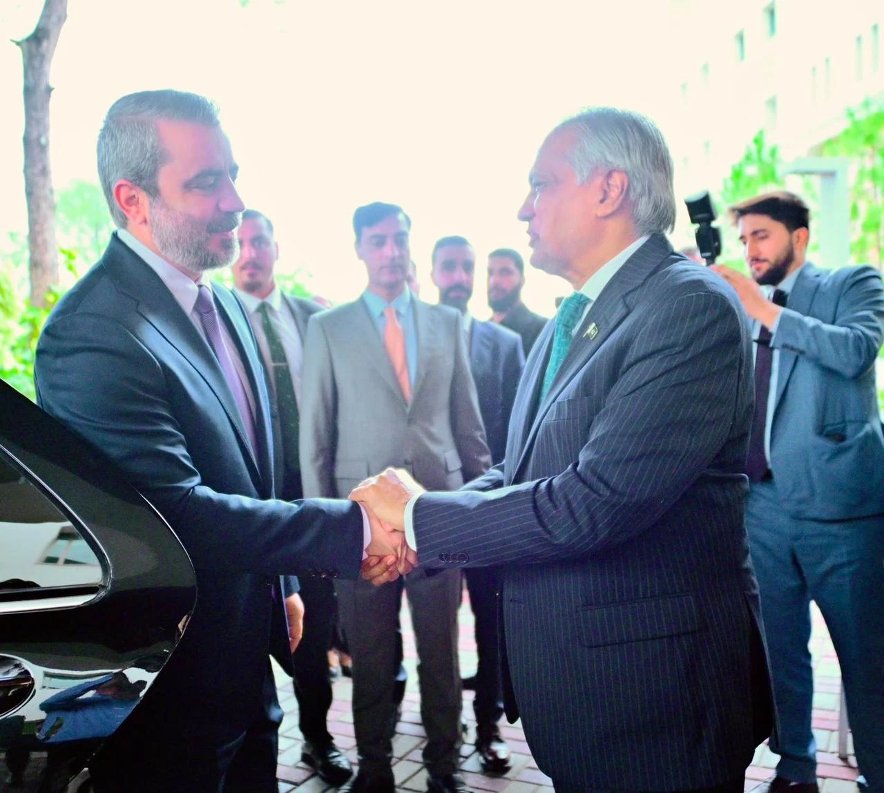 Pakistan's Deputy Prime Minister and Foreign Minister Mohammad Ishaq Dar welcomes Syrian Foreign Minister Asaad Hassan Al-Shaibani at the Ministry of Foreign Affairs in Islamabad, Pakistan, on August 20, 2026. (Foreign Ministry of Pakistan/AA Photo)
