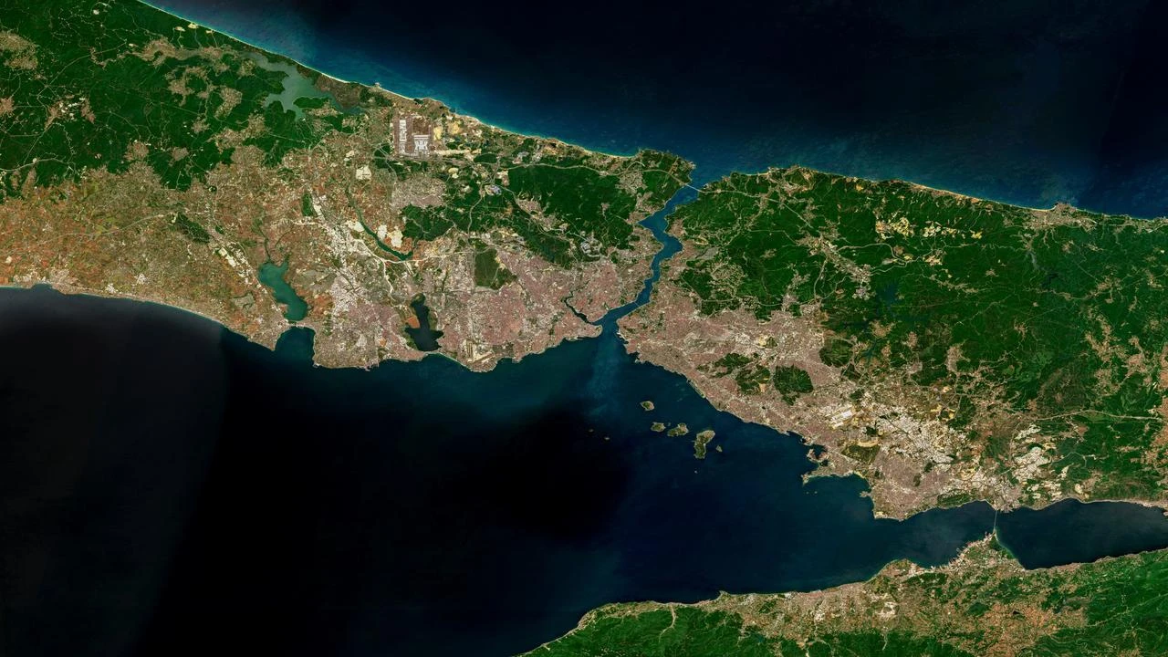 A satellite view of the Sea of Marmara, the Bosphorus Strait, and Istanbul, Türkiye. (Adobe Stock Photo)