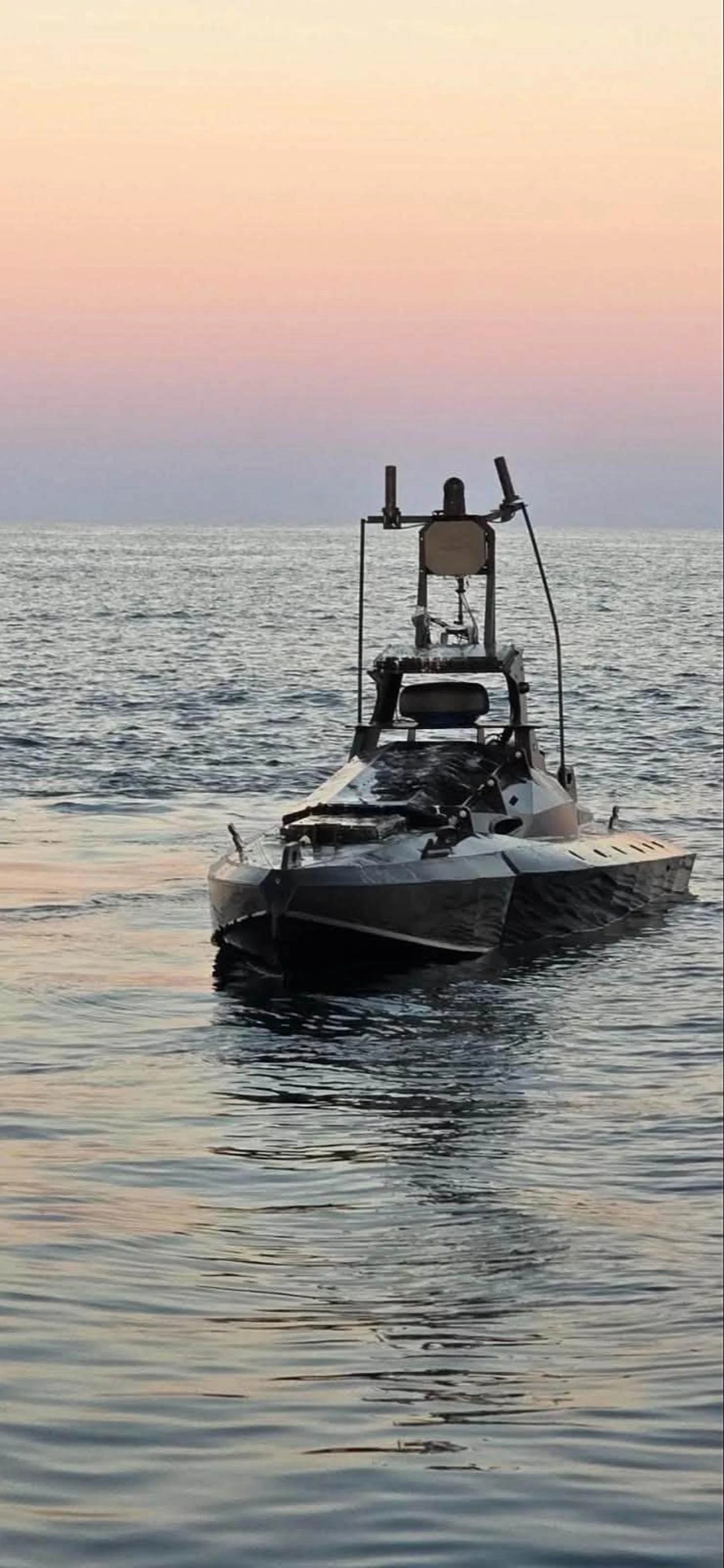 The photo shows the unmanned surface vessel (USV) found near the Black Sea gas project Neptun Deep, which was later destroyed by Romanian F-16 fighter jets on Aug. 20, 2026. (Photo via Facebook/miruta.ro)