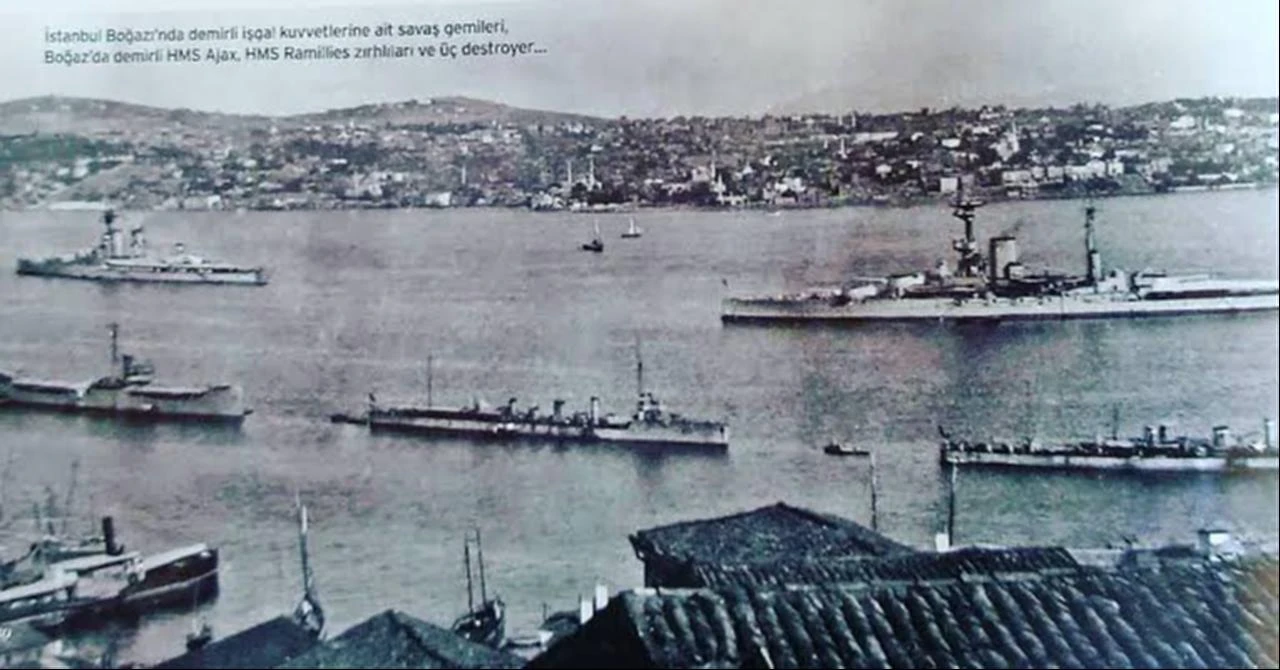 Allied warships anchored in the Bosphorus during the occupation of Istanbul, including HMS Ajax, HMS Ramillies and several destroyers. (Photo via Wikimedia Commons)