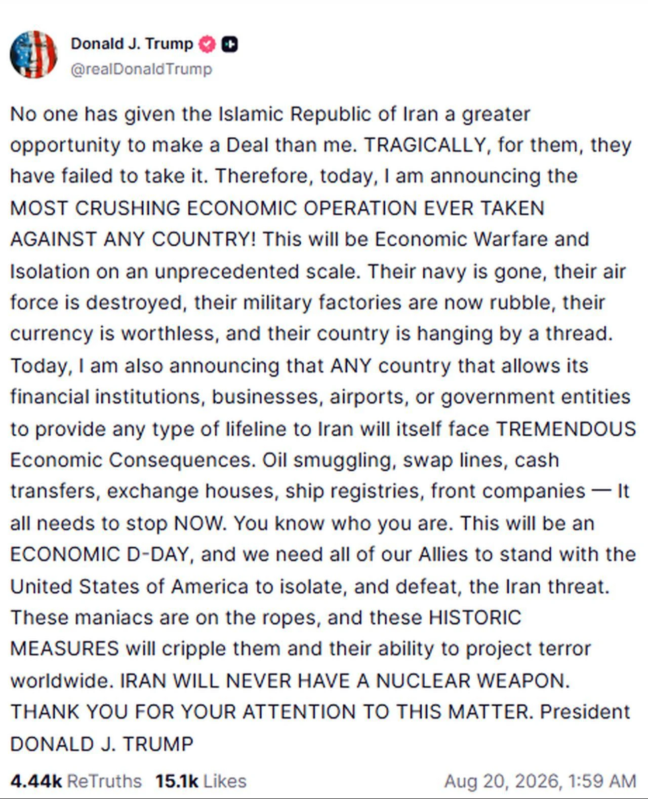 Screenshot of President Trump's Truth Social post announcing "Economic Warfare and Isolation on an unprecedented scale" against Iran, Aug. 20, 2026. (Image via Truth Social/@realDonaldTrump)