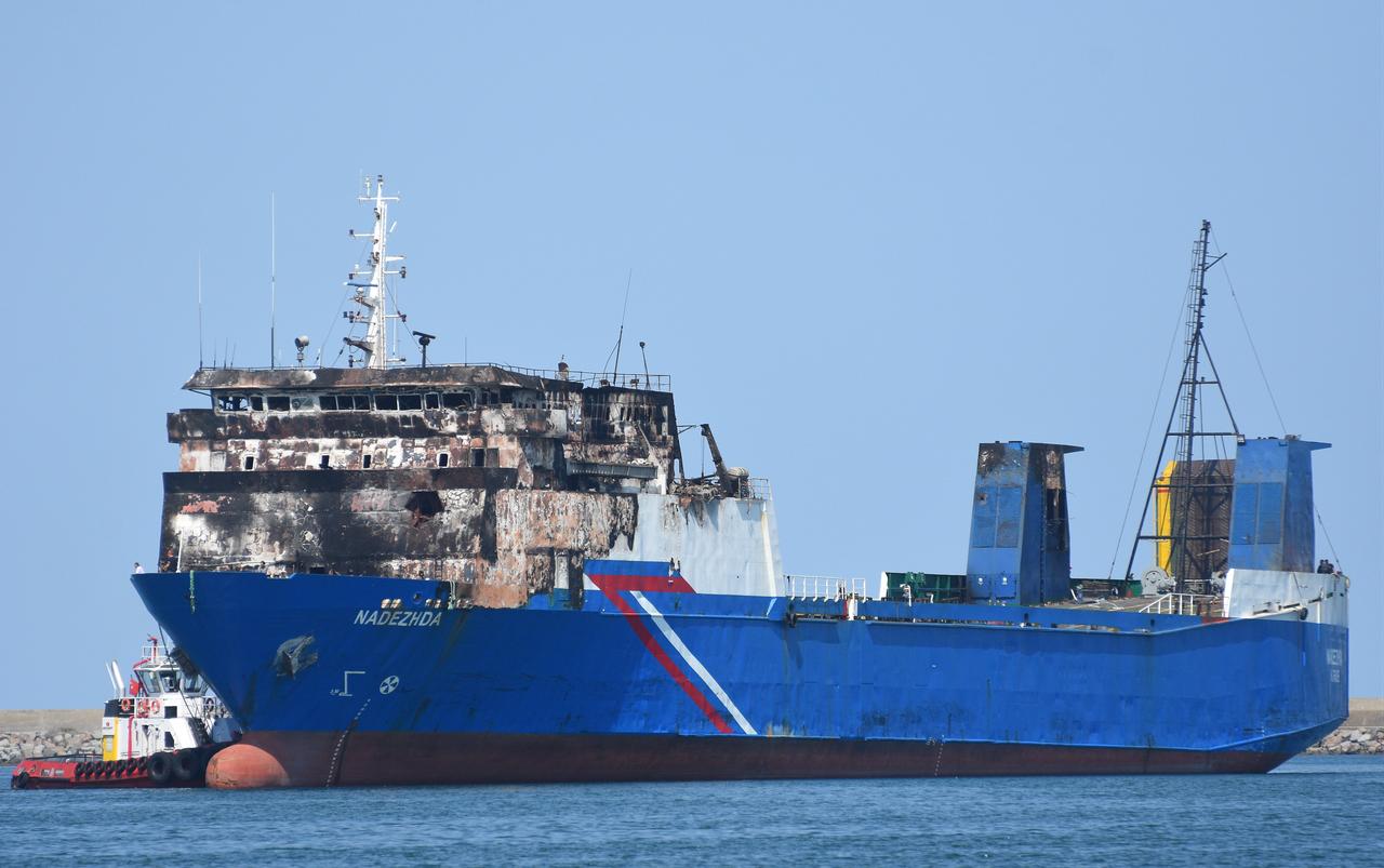The Ro-Ro vessel "NADEZHDA," which was attacked by a drone in the Black Sea, is brought to Samsun, Türkiye on August 8, 2026. (AA Photo)