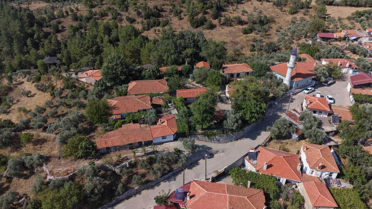 Aerial view of the Kerimoglu Turkusu House located in the Yerkesik neighborhood of Mentese District in Mugla. (AA Photo)