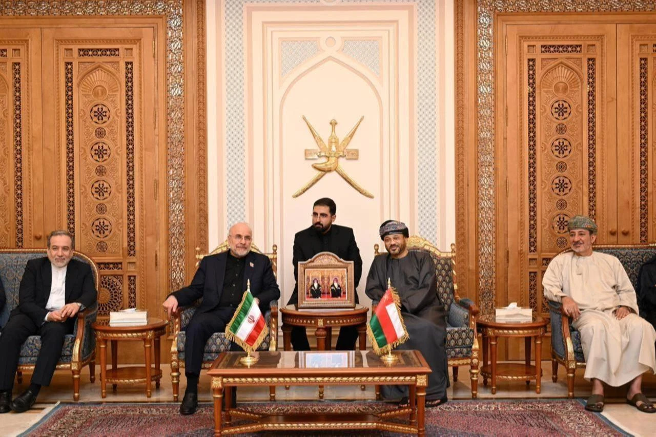 Iranian Parliament Speaker Mohammad Bagher Qalibaf (second left) and Foreign Minister Abbas Araghchi (left) meet Omani officials, including Foreign Minister Badr Albusaidi (second right), during talks in Muscat, Oman, June 23, 2026. (Photo via X/@FMofOman)