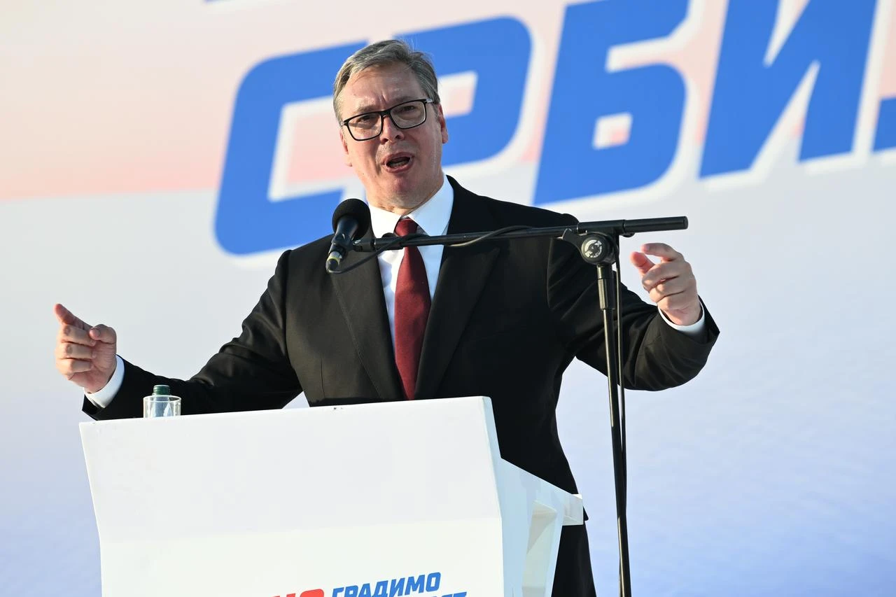 Serbian President Aleksandar Vucic attends a rally organized by the ruling Serbian Progressive Party (SNS), which he previously led, under the slogan “Serbia-One Family” in Belgrade, Serbia, on June 27, 2026. (Stringer/AA Photo)