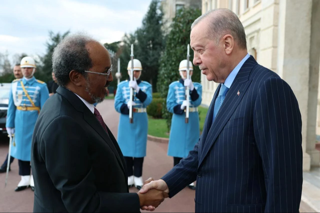 Turkish President Recep Tayyip Erdogan (R) welcomes Hassan Sheikh Mohamud President of Somalia with an official ceremony at Dolmabahce Presidential Office in Istanbul, Türkiye, Dec. 30, 2025. (Turkish Presidency/AA Photo)
