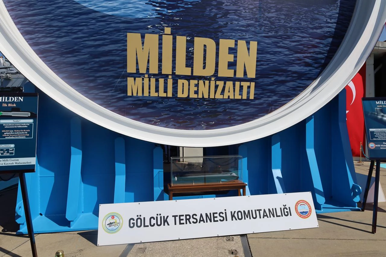 The photo shows the mock-up model of the first block of National Submarine MILDEN, exhibited at Teknofest Blue Homeland at the Golcuk Naval Shipyard Command in Kocaeli, Türkiye, Aug. 20, 2026. (IHA Photo)