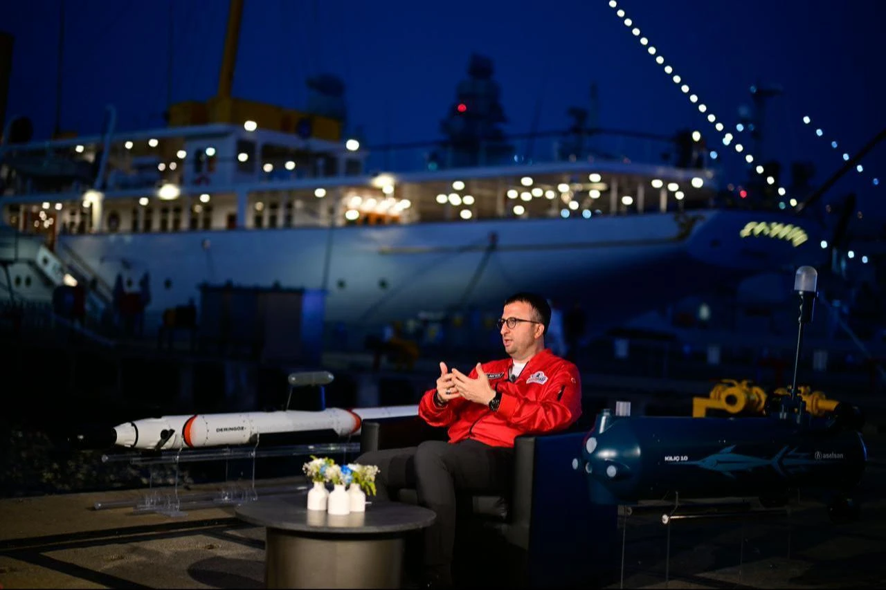 Aselsan General Manager Ahmet Akyol speaks to Anadolu Agency (AA) at the AA Technology Desk during Teknofest Blue Homeland, held at Golcuk Shipyard Command, Aug. 21, 2026. (AA Photo)