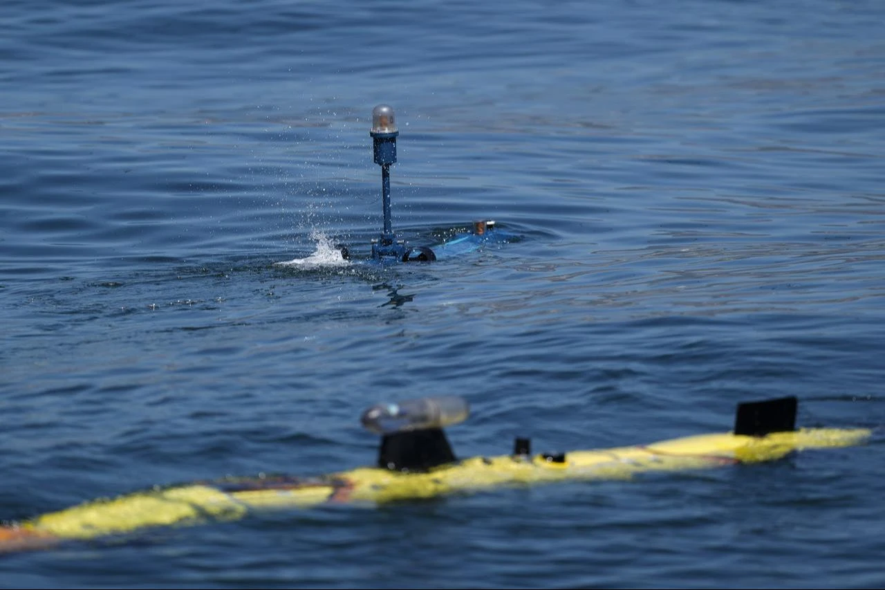 Aselsan's autonomous underwater vehicles DERINGOZ 600M and kamikaze autonomous underwater vehicle KILIC10 are exhibited at Teknofest Blue Homeland at the Golcuk Naval Shipyard Command in Kocaeli, Türkiye, Aug. 20, 2026. (AA Photo)