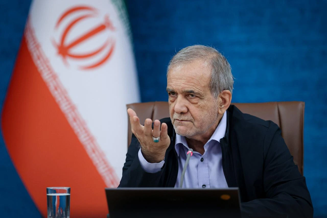 Iranian President Masoud Pezeshkian delivers a speech during the "Women of Today, Iran of Tomorrow" conference in Tehran, Iran, on August 18, 2026. (AA Photo)