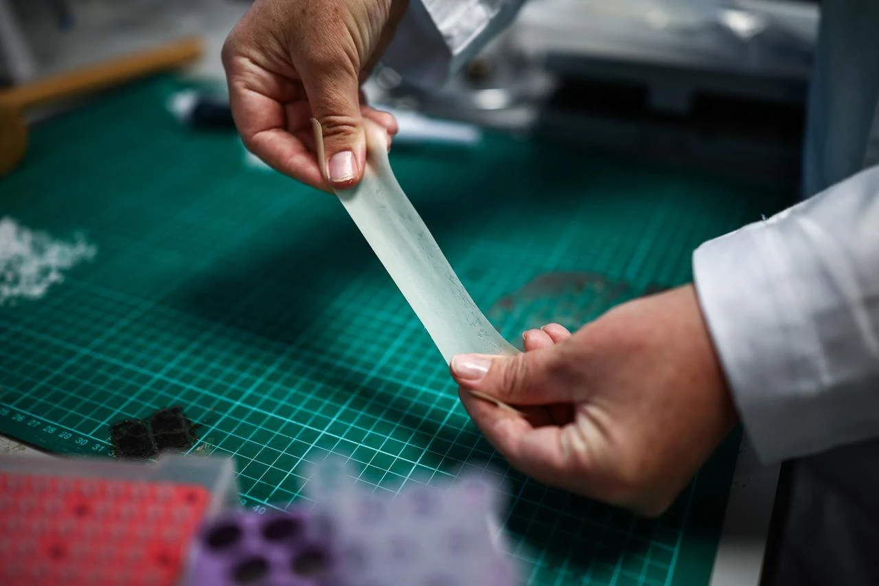 A researcher stretches a sample of biodegradable latex developed for the Bioloon project at Imperial College London in London, Britain, Aug. 22, 2026. (AFP Photo)