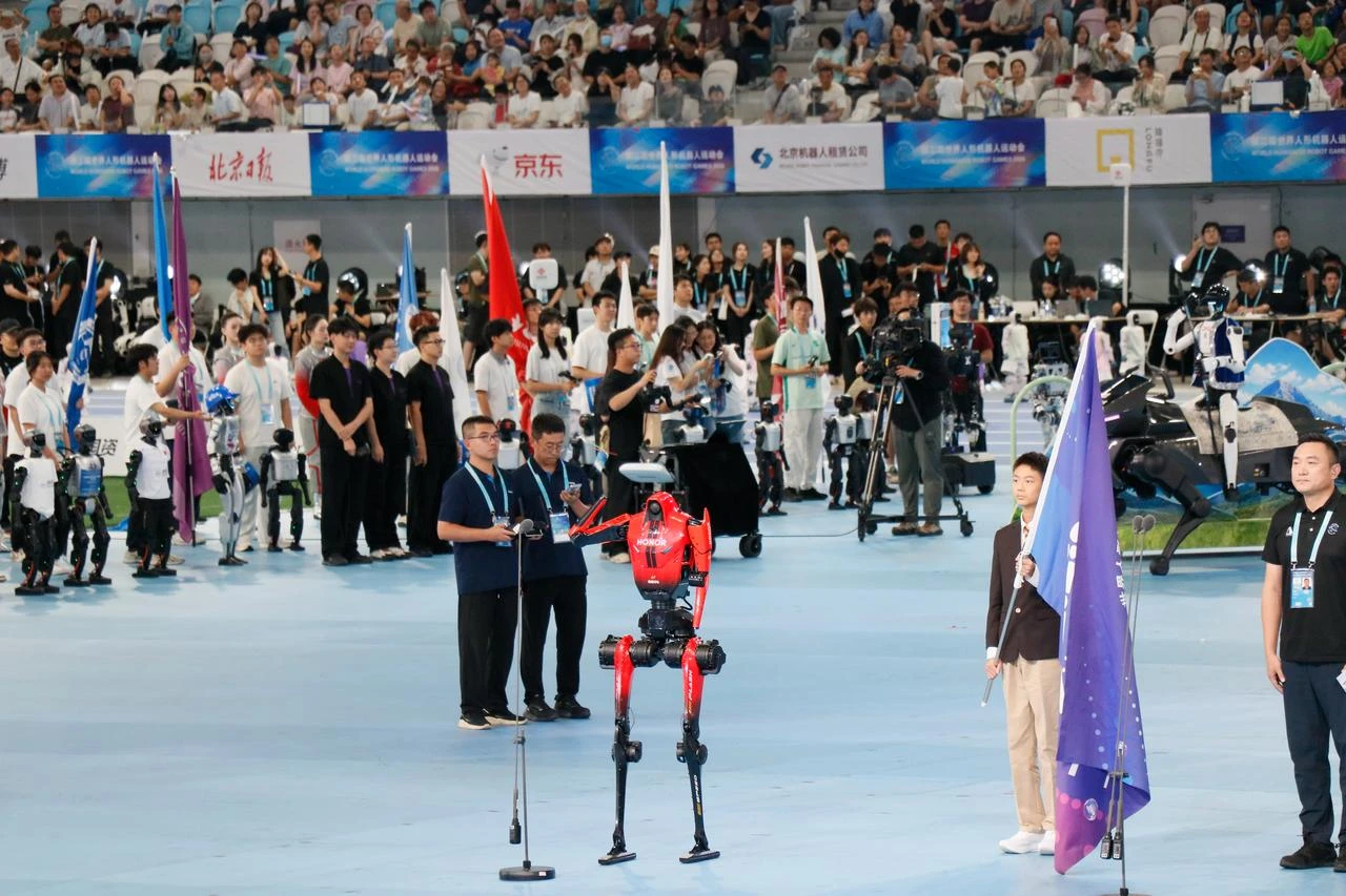 A humanoid robot takes part in the opening ceremony of the second World Humanoid Robot Games at the National Speed Skating Oval in Beijing, China, Aug. 22, 2026. (AA Photo)